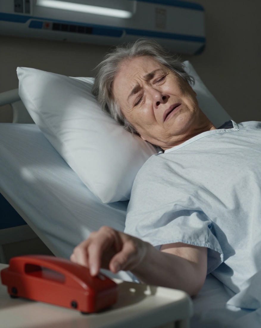 An elderly patient in a hospital bed, distressed, reaching for the red nurse call button on the bedside table — an editorial illustration.